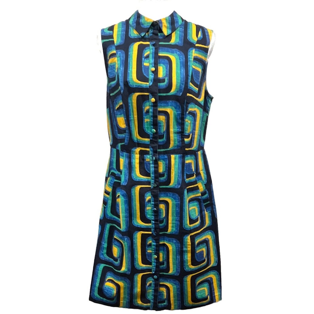 Boden Women Blue Green Yellow Geometric Swirl Print Cotton Shirt Dress US 8R